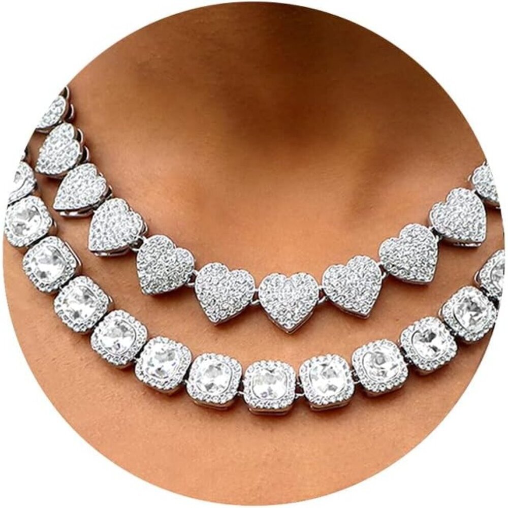 Women's 18+20'' Zinc Necklace, Clustered Diamond Tennis Chain & Heart Necklace S